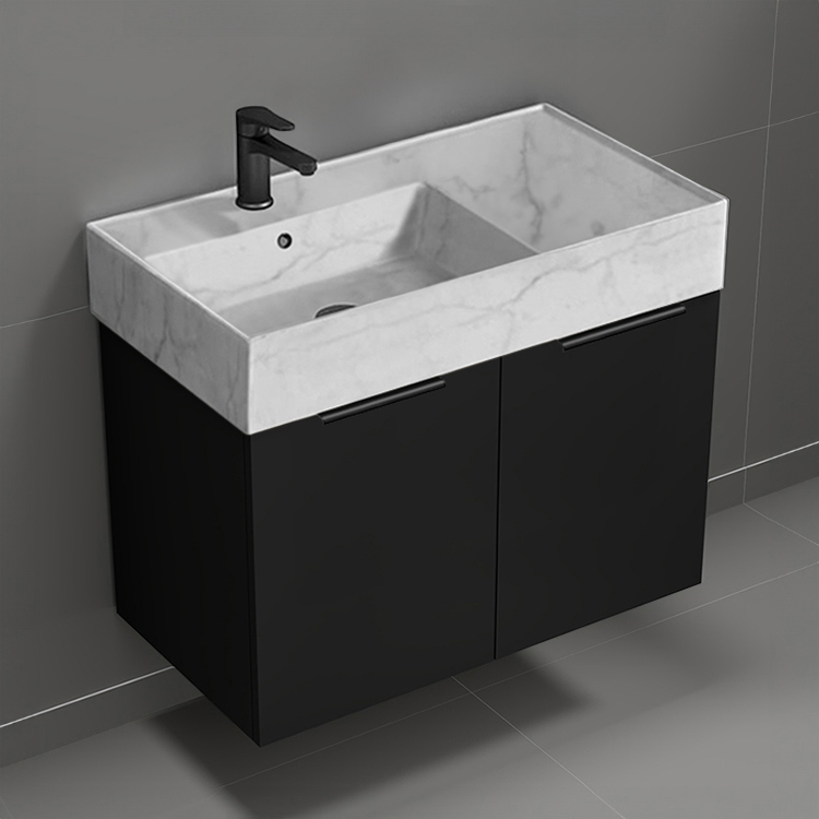 Nameeks DERIN800 Black Bathroom Vanity With Marble Design Sink, Floating, Modern, 32 Inch